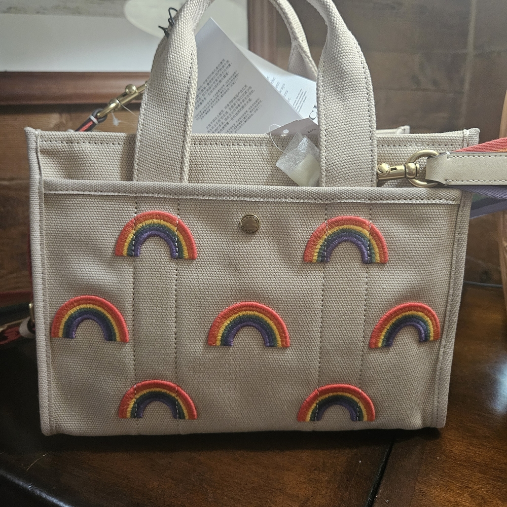 Coach Beige Canvas Tote Bag with Rainbow Accents With Straps - Picture 8 of 14